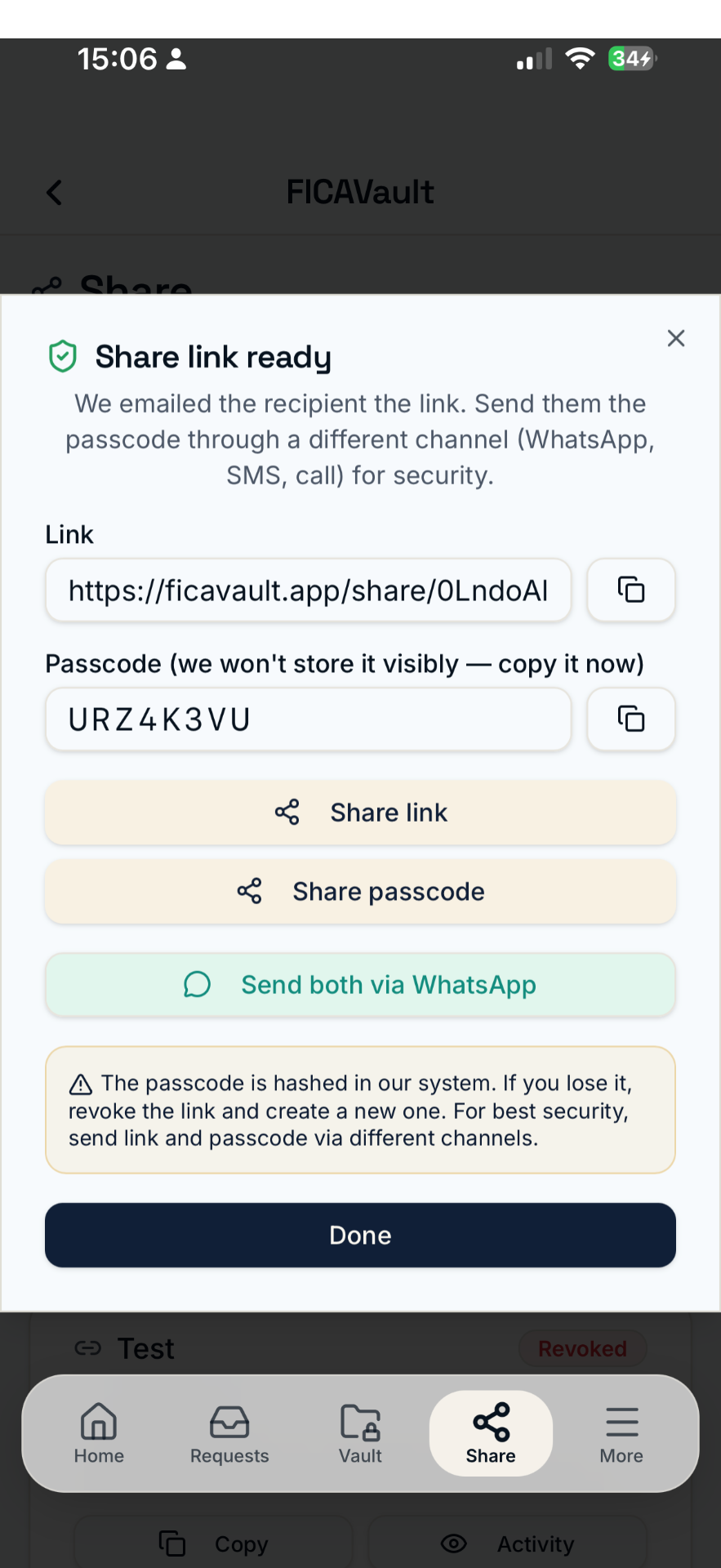Share ready screen on the mobile app