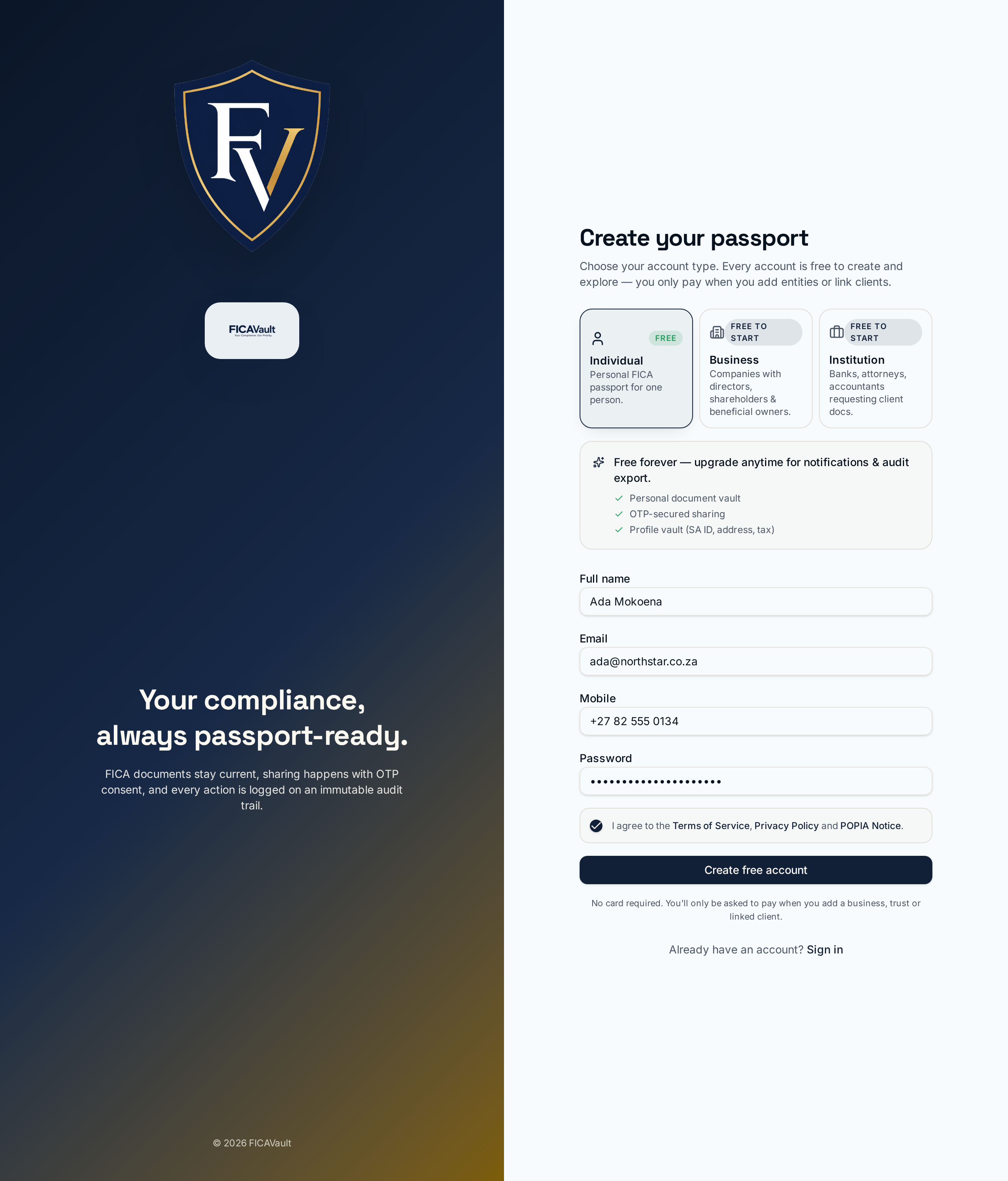 Signup form filled in with terms agreed
