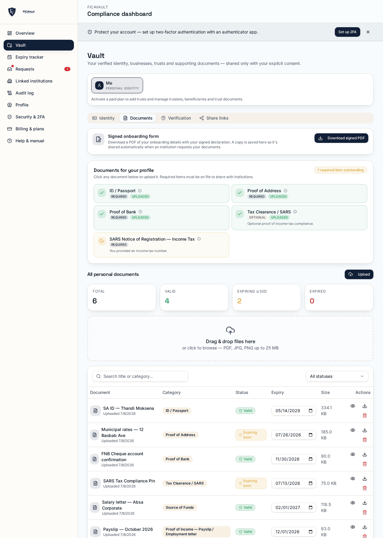 Vault view with example documents