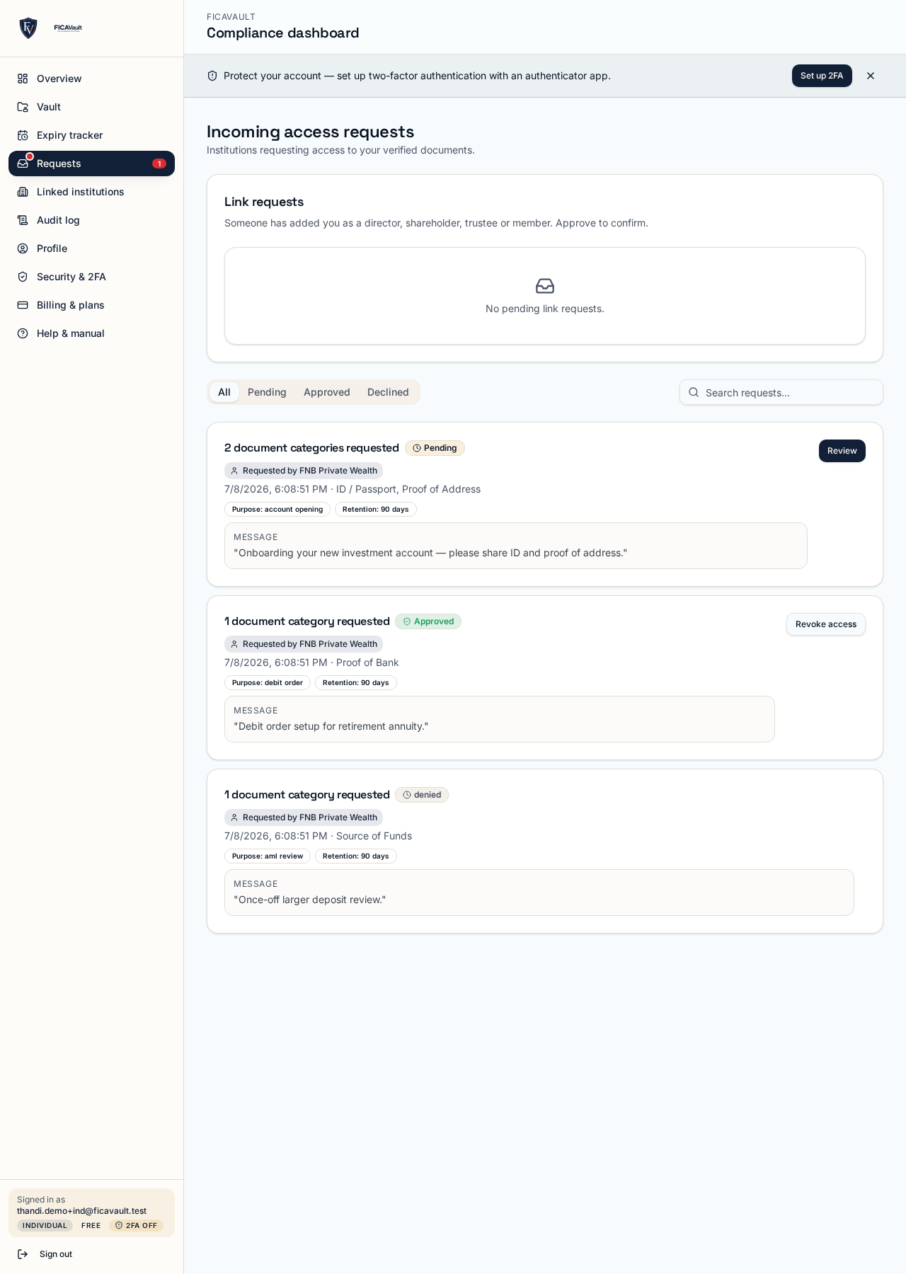 Requests inbox with pending, approved and denied requests