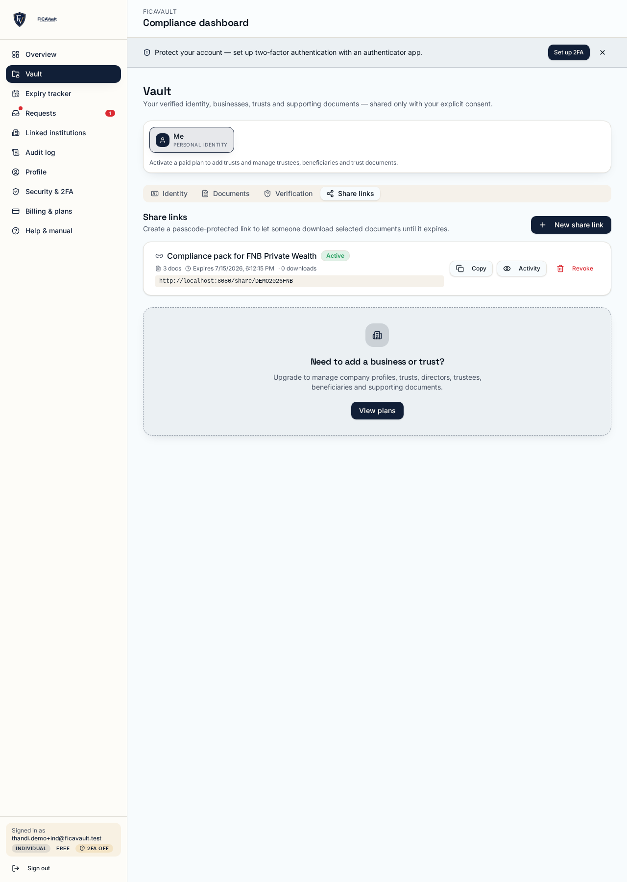 Share link creation panel