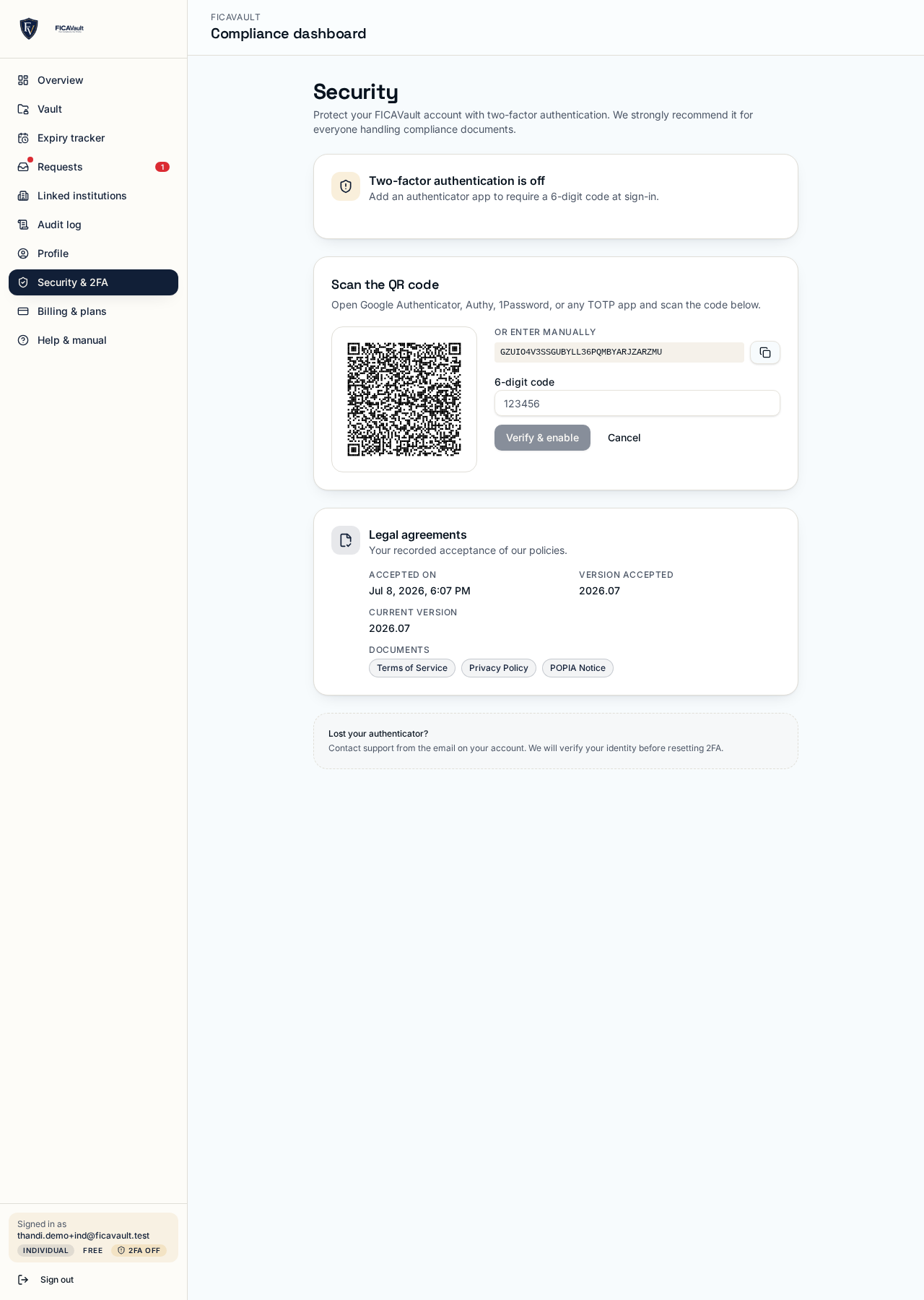 Two-factor authentication setup with QR code